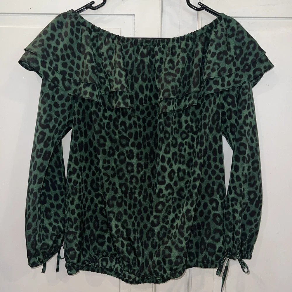 Michael Kors-Green Black Womens Size S Leopard Print Off Shoulder, Elastic Waist